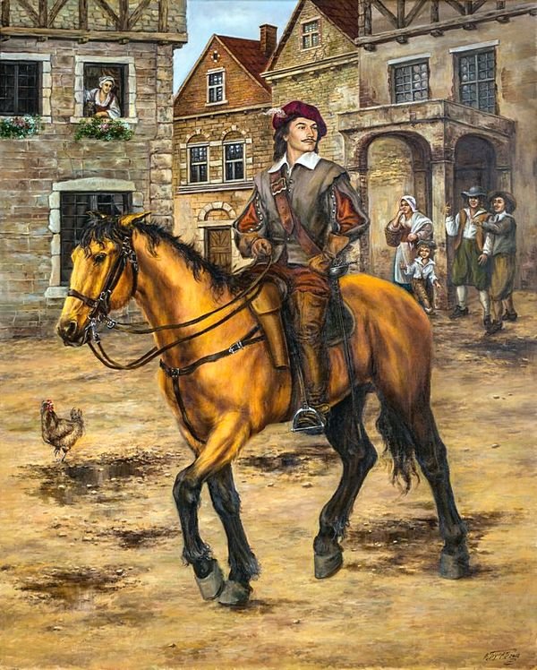 Молодой д`Артаньян - здания, всадник, город, лошадь - оригинал