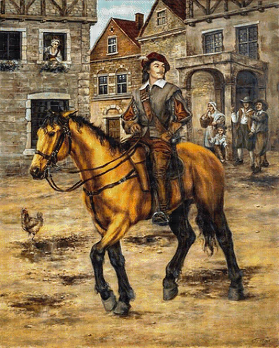 Молодой д`Артаньян - лошадь, всадник, здания, город - предпросмотр