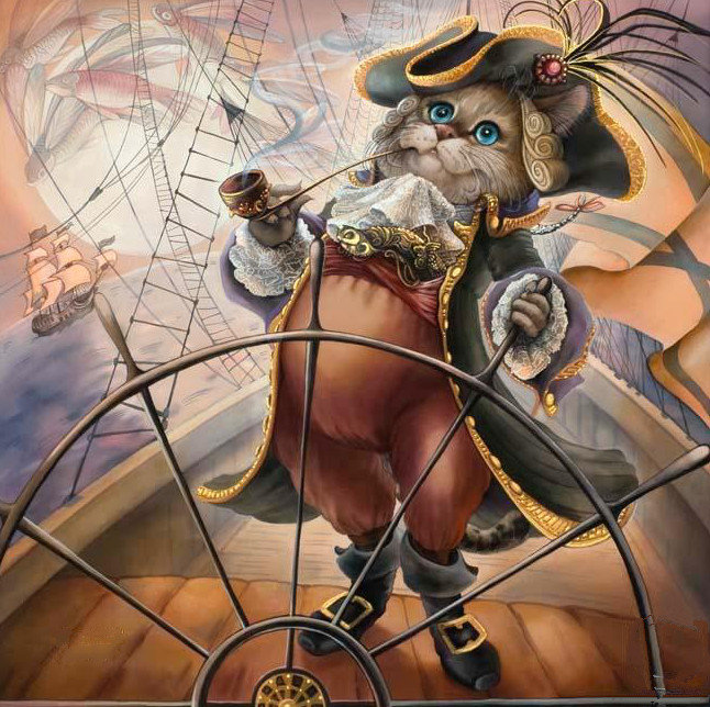 "Хозяин морей" худ. Нажежда Соколова - кот, море, фентези, корабль, штурвал - оригинал