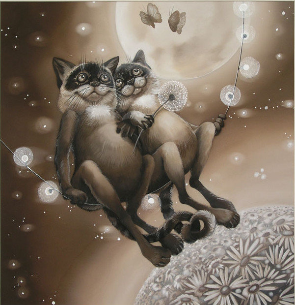 "Земное притяжение" худ. Надежда Соколова - луна, коты, качель, звезды, фентези - оригинал