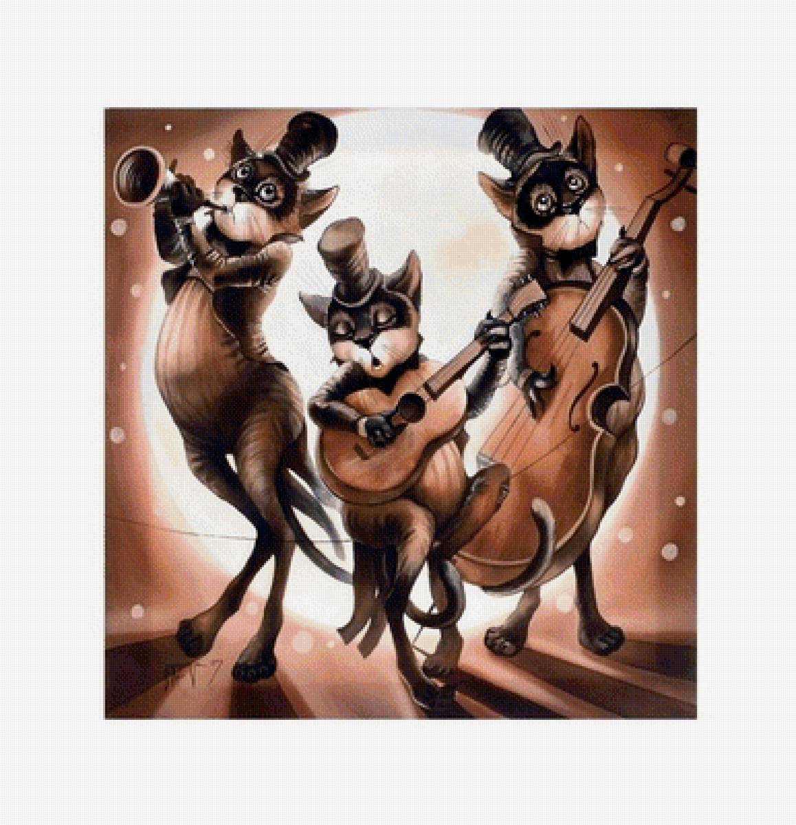 Трио "Бродяги" худ Надежда Соколова /размер 290 х 300/ - фентези, гитара, музыканты, коты - предпросмотр