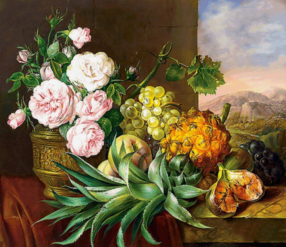 Серия "Натюрморты". - натюрморт, ананас, фрукты, цветы, виноград, букет - предпросмотр