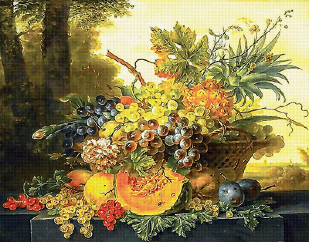 Серия "Натюрморты". - тыква, фрукты, смородина, виноград, натюрморт - предпросмотр