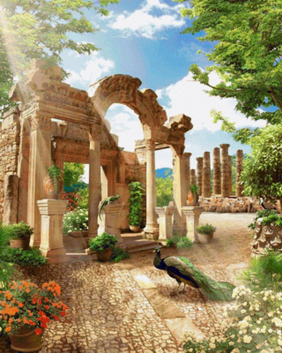 Пейзаж - пейзаж, павлин, природа, цветы, лето - предпросмотр