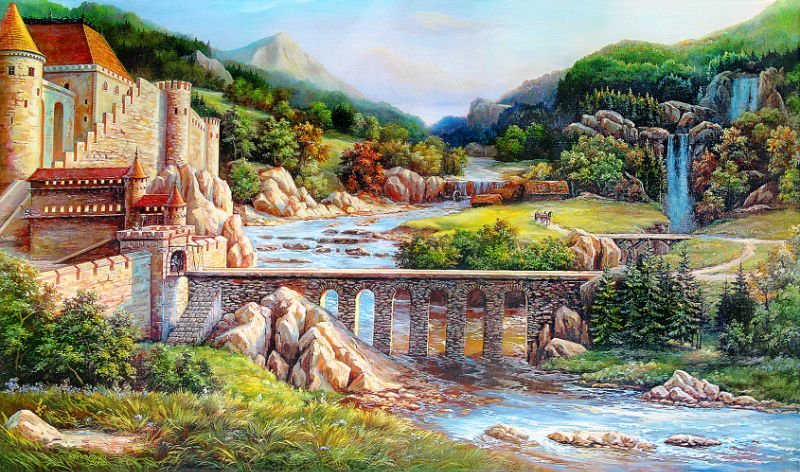 Пейзаж - природа, лес, река, мост, горы, лето, водопад, пейзаж, замок - оригинал