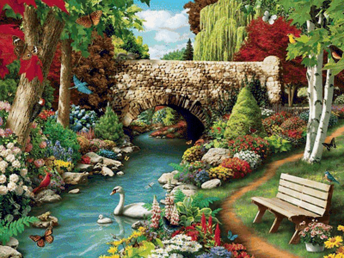 Пейзаж - лебедь, природа, пейзаж, ручей, цветы, скамейка, лето, мост, сад - предпросмотр