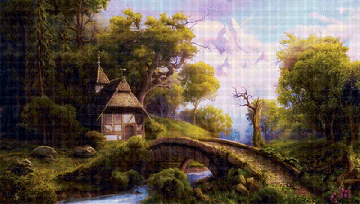 Домик в лесу - горы, пейзаж, мост, дом, домик, лес, ручей, природа - предпросмотр