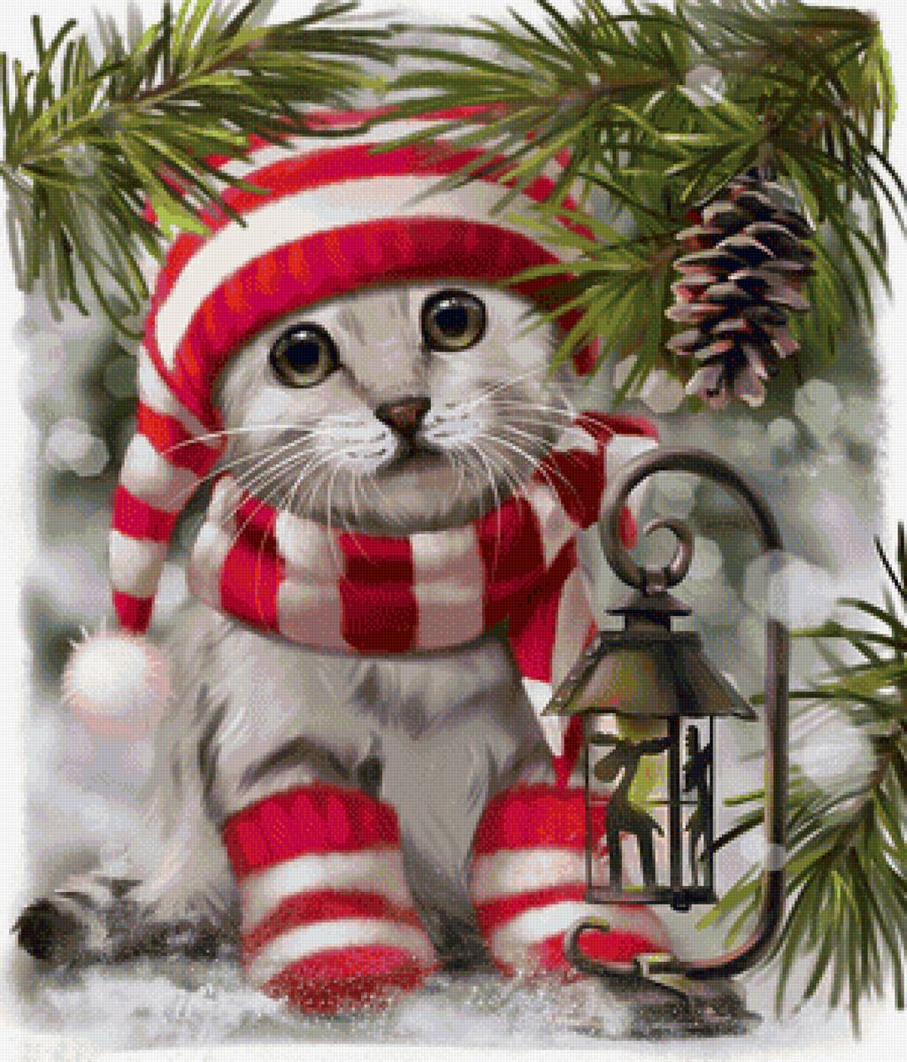 Котик - шишка, зима, кот, котик, снег, рисунок, животные - предпросмотр