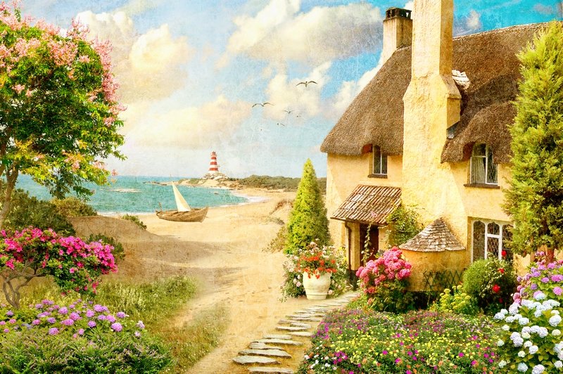 Домик у моря - дом, домик, пейзаж, природа, маяк, море, цветы, лодка, лето - оригинал