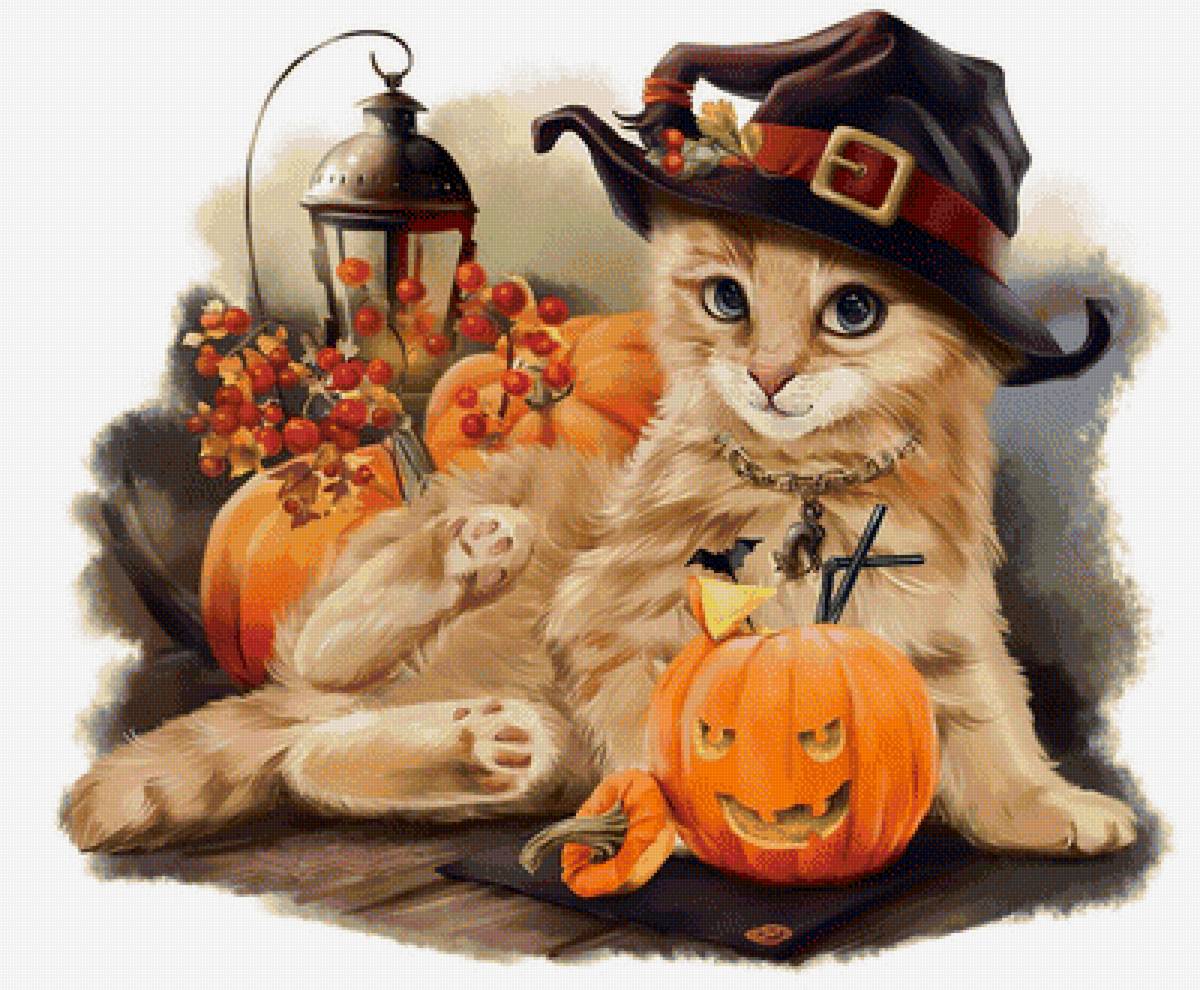 Кошечка - кошечка, животные, тыква, рисунок, кошка, хэллоуин - предпросмотр