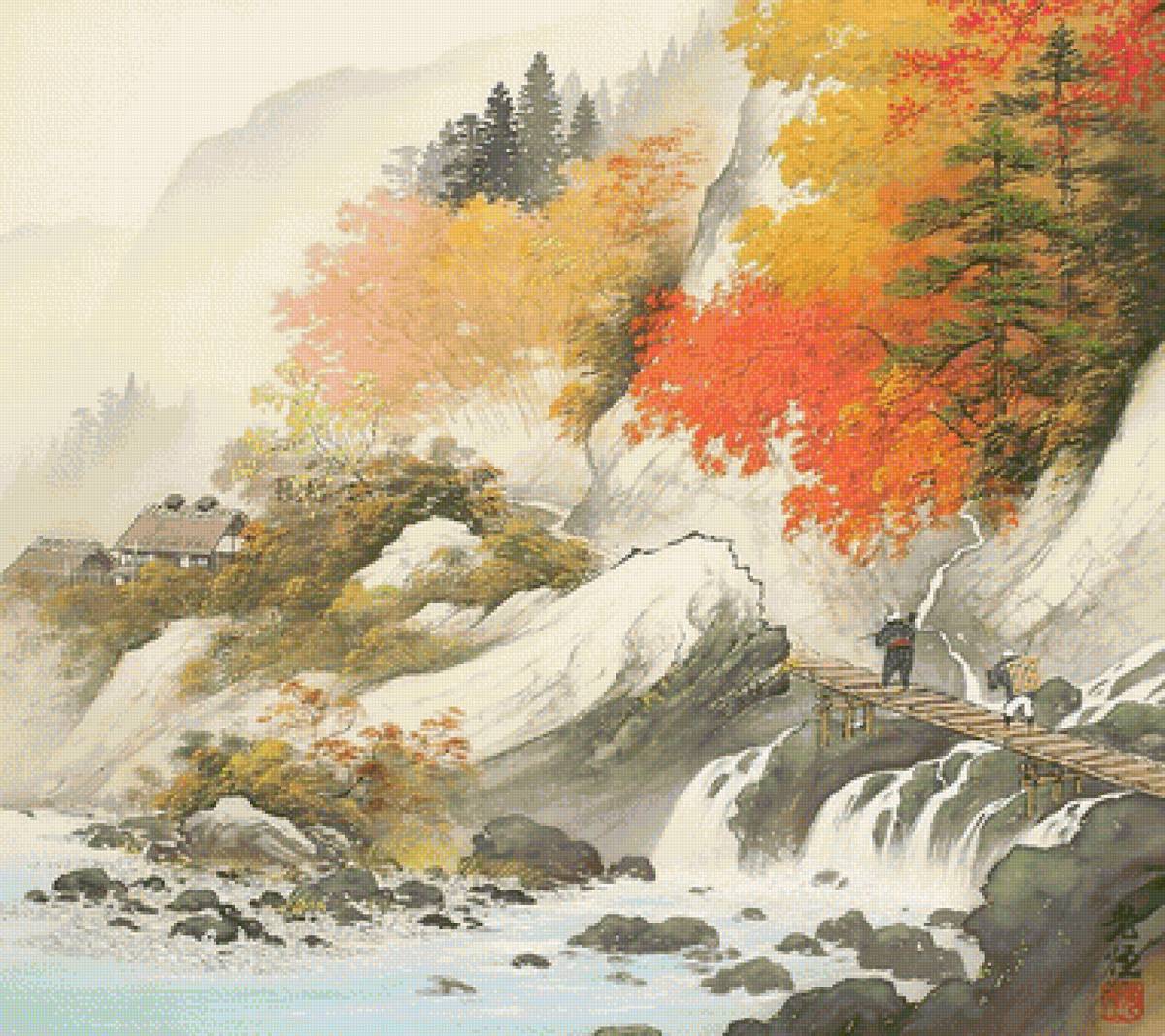 Японский пейзаж 3 /осенний туман/ - осень, речка, япония, мостик, горы - предпросмотр