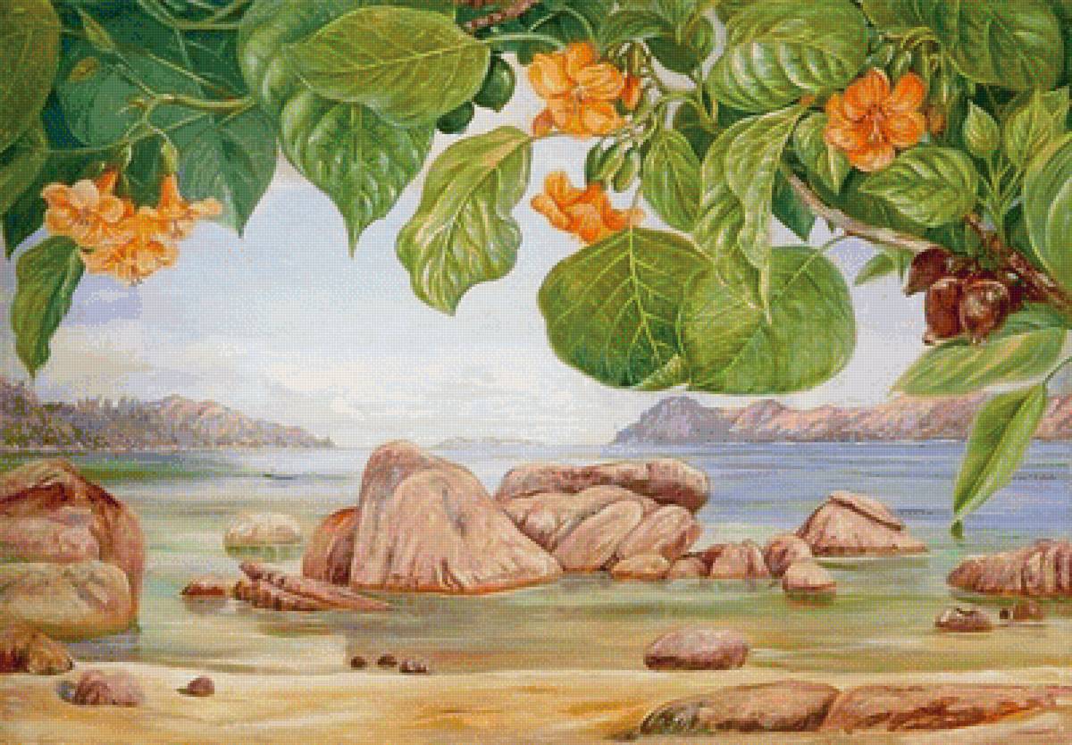 Далёкий берег - берег, цветущая ветка, море - предпросмотр