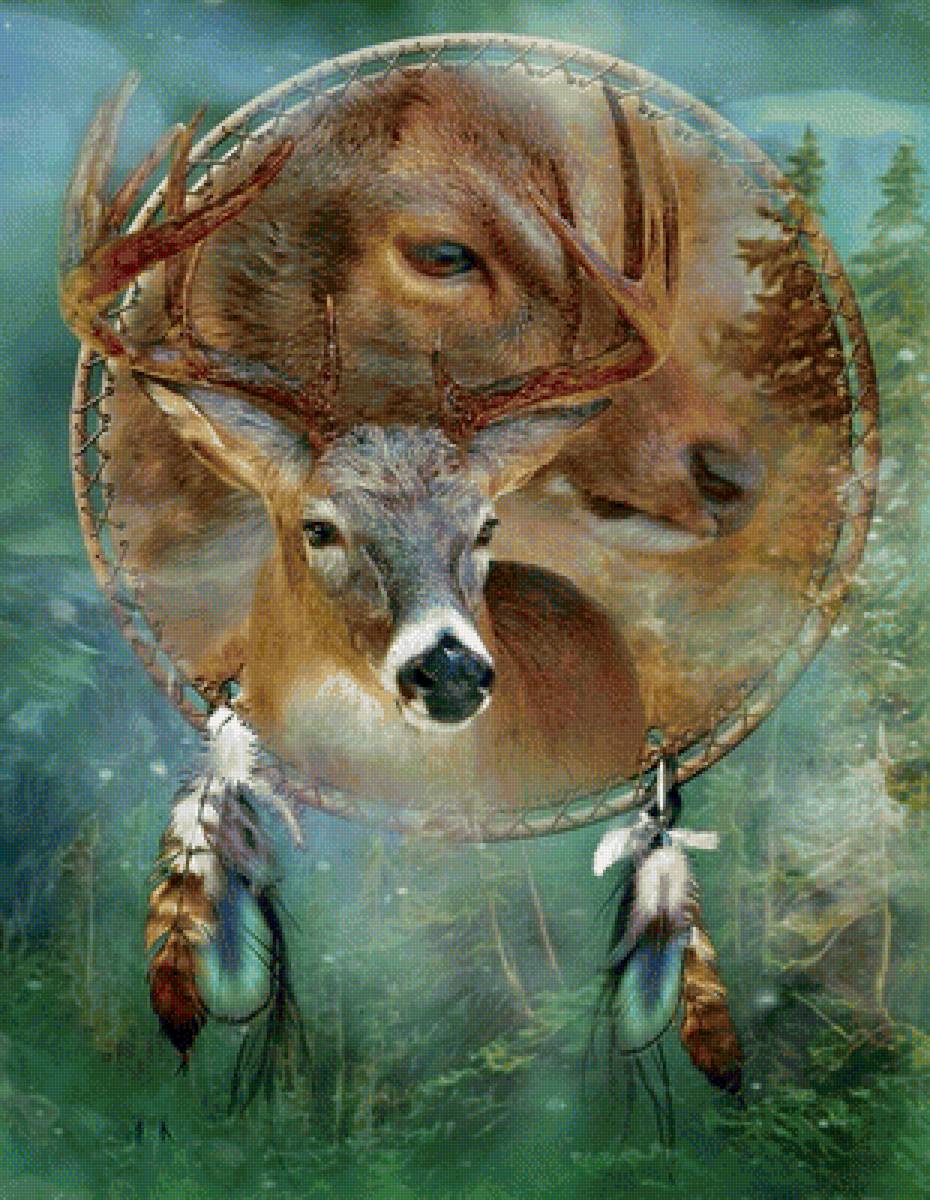 Ловец снов - ловец снов, олень, олени, лес, природа, животные, рисунок - предпросмотр