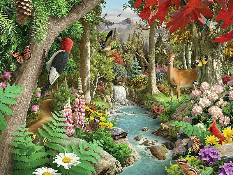 В лесу - пейзаж, лето, ручей, природа, цветы, лес, олень, птицы, животные - оригинал