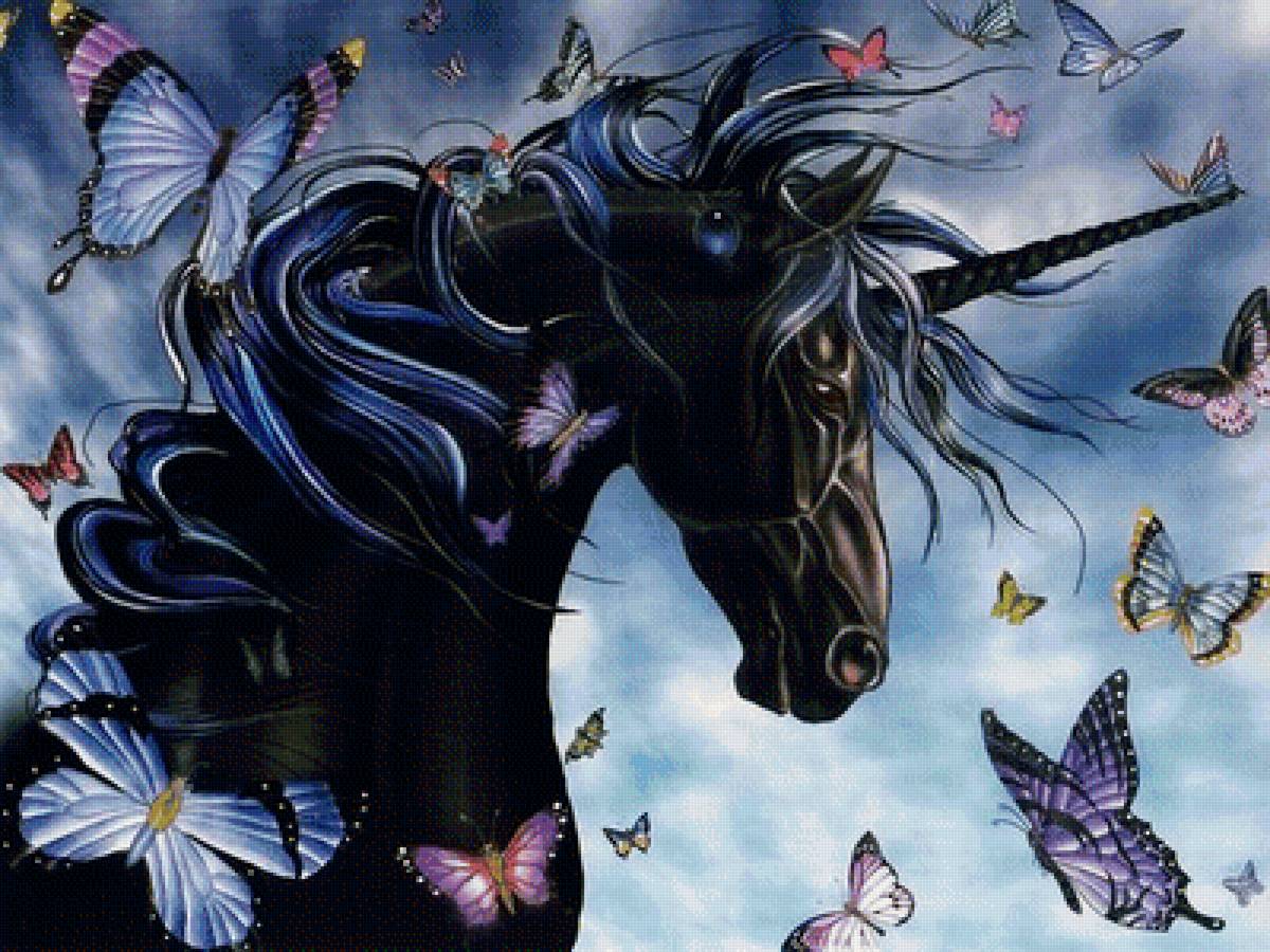 Единорог - лошадь, арт, единорог, бабочки, фэнтези - предпросмотр