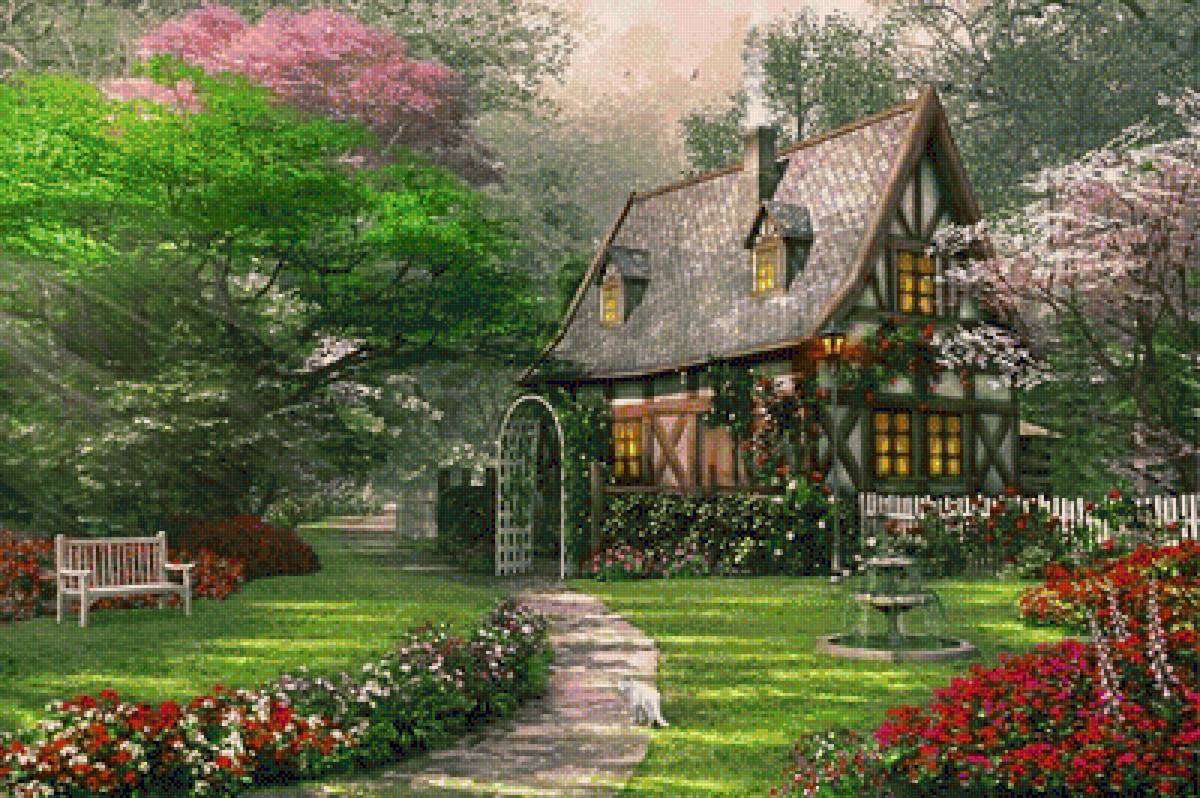 Домик - лето, цветы, скамейка, природа, пейзаж, дом, домик - предпросмотр