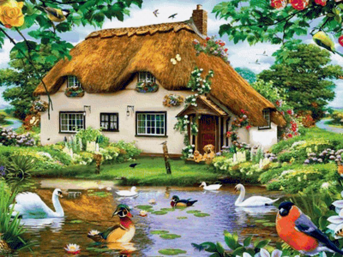 Домик - пруд, лето, пейзаж, цветы, дом, домик, природа, птички - предпросмотр