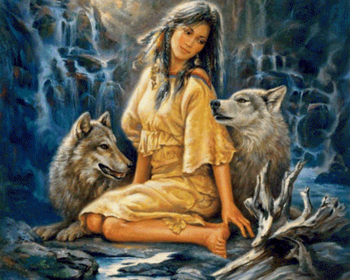 Maiden with Wolfs. - native american art.animals.ladys. - предпросмотр