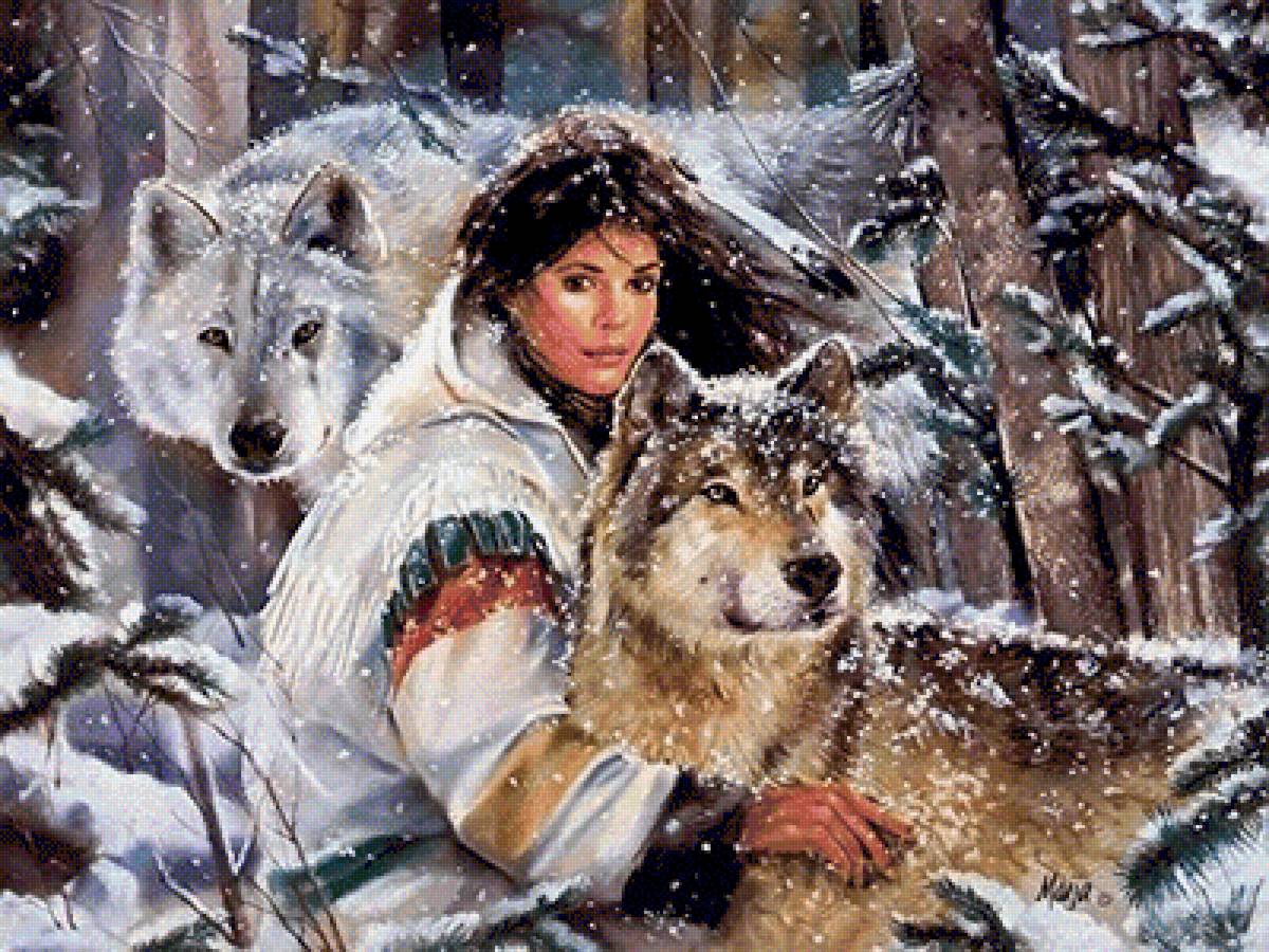 Wolf Soul Indian Girl. - native american art.animals.ladys. - предпросмотр
