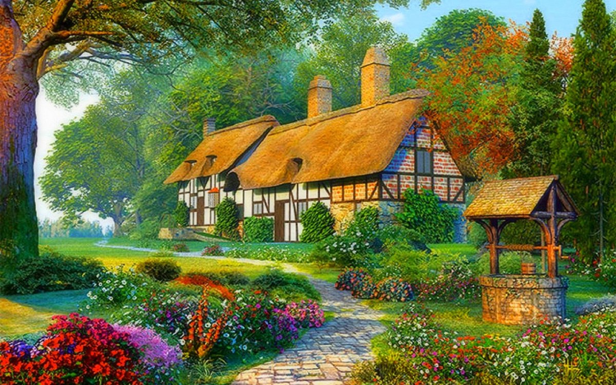 Домик - домик, колодец, природа, цветы, пейзаж, лето, дом - оригинал