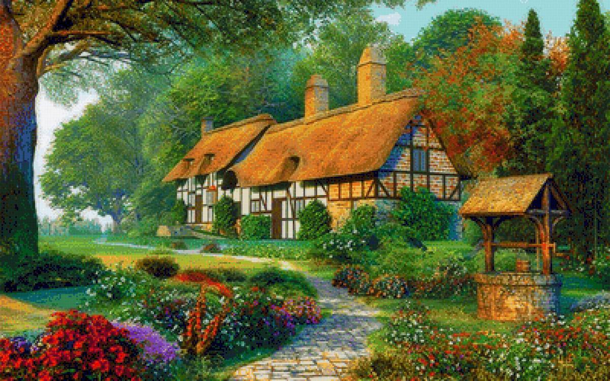 Домик - природа, домик, лето, колодец, цветы, дом, пейзаж - предпросмотр