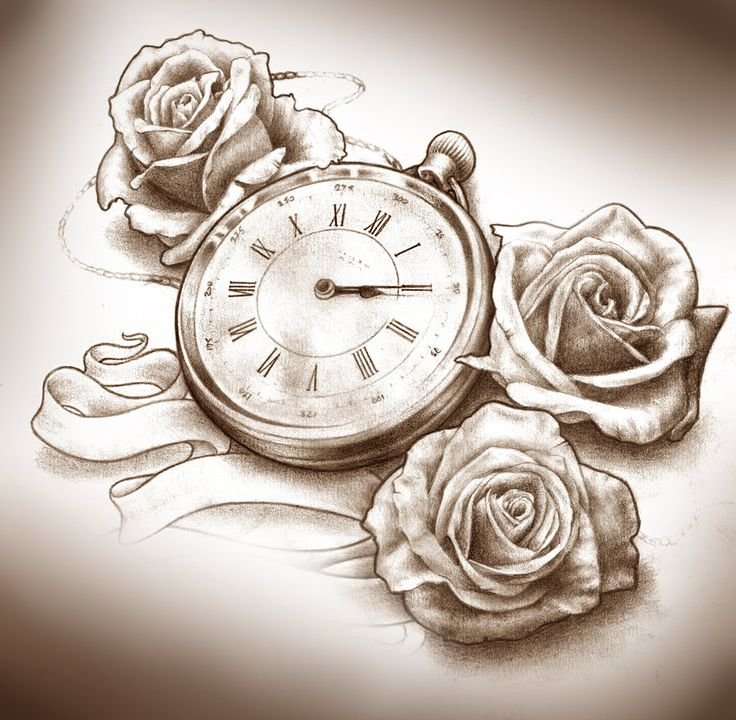 рисунок - часы, розы - оригинал