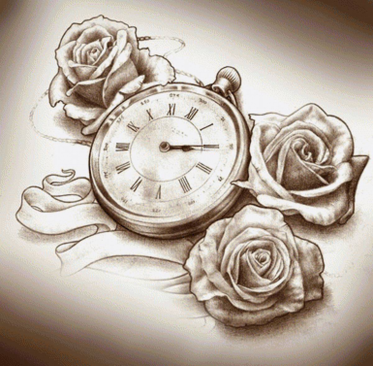 рисунок - розы, часы - предпросмотр