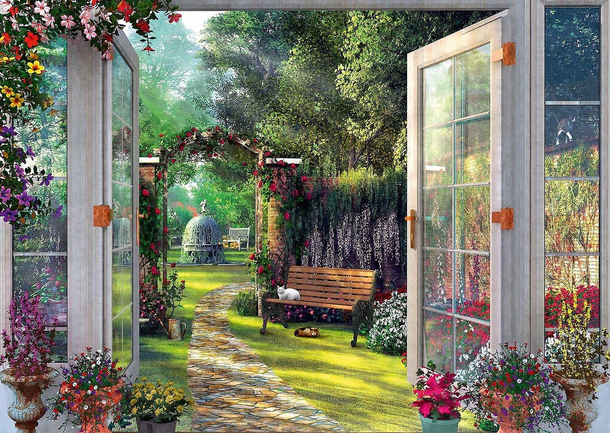 Окно в сад - скамейка, природа, сад, цветы, окно, лето, пейзаж - оригинал