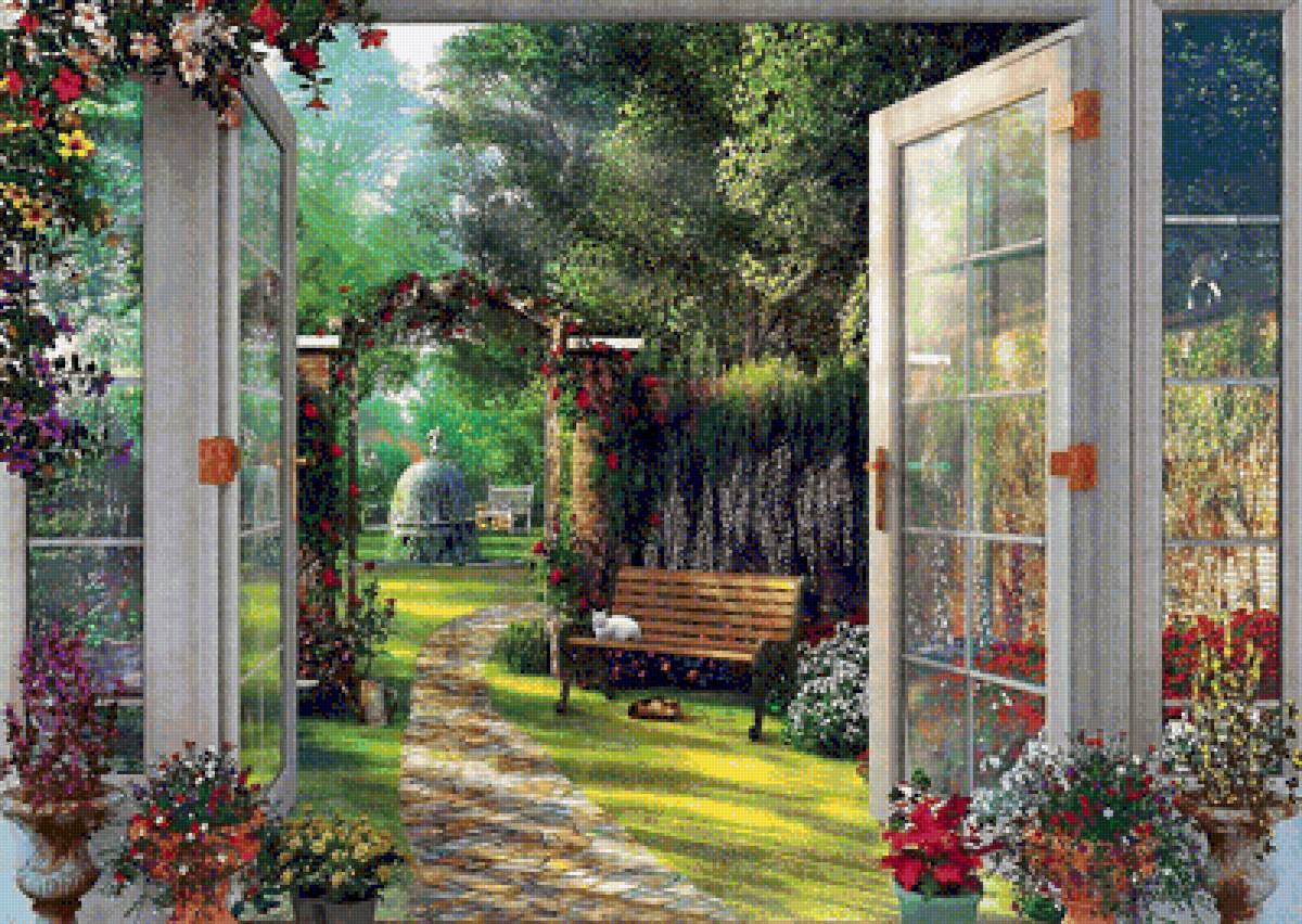 Окно в сад - скамейка, природа, лето, окно, пейзаж, сад, цветы - предпросмотр