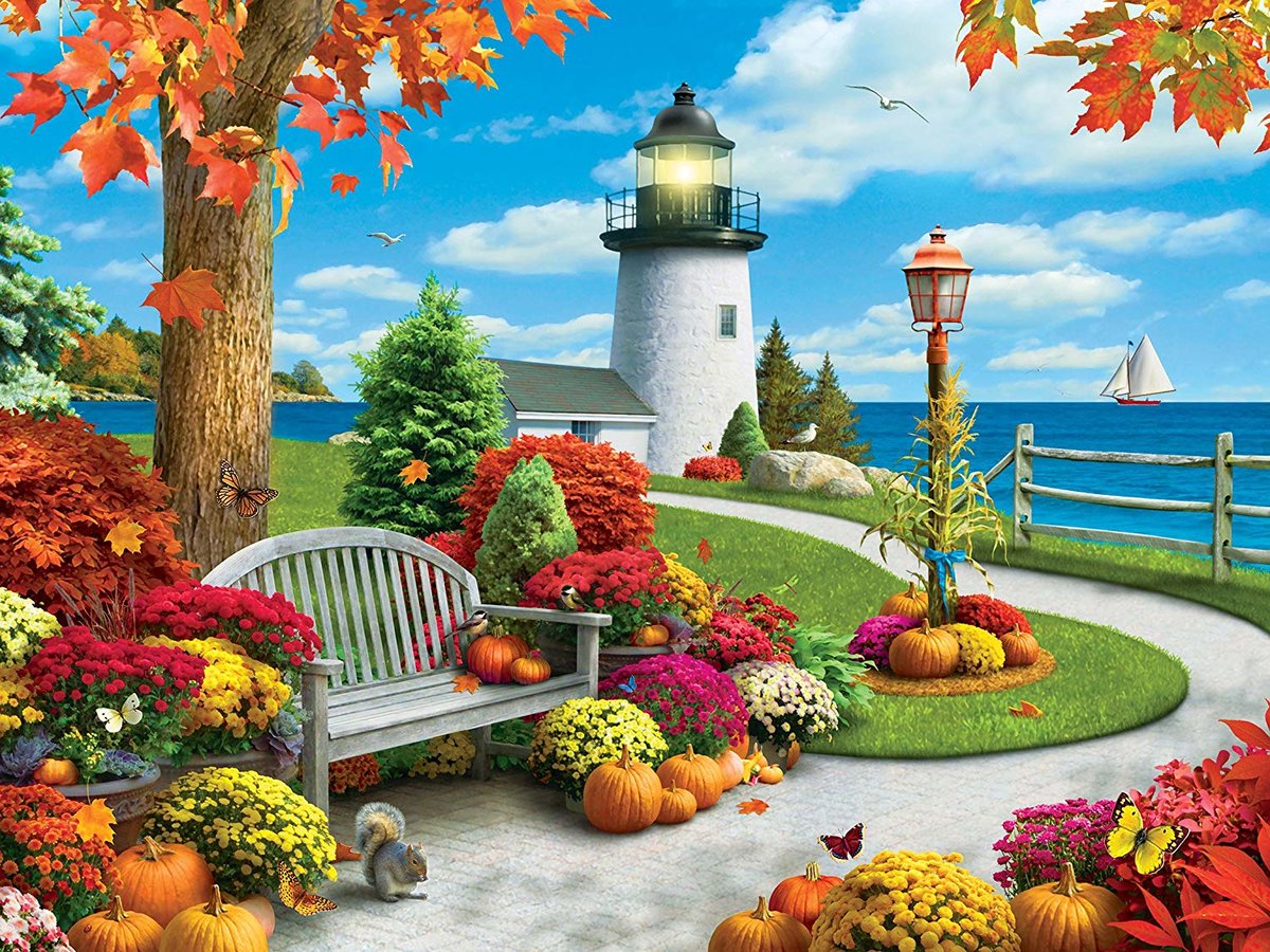 Маяк - природа, скамейка, море, маяк, осень, пейзаж, цветы - оригинал