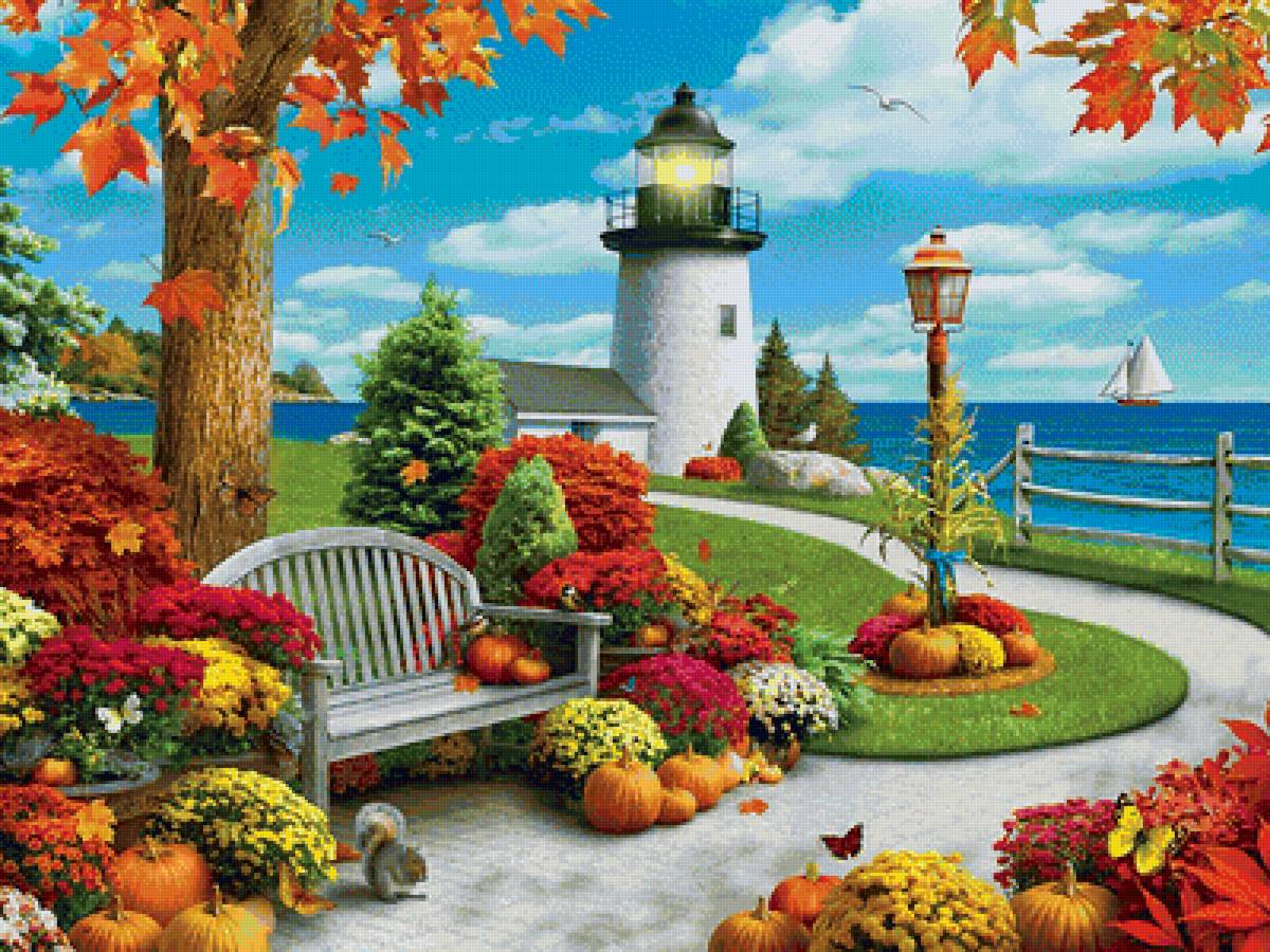 Маяк - море, цветы, природа, осень, пейзаж, скамейка, маяк - предпросмотр