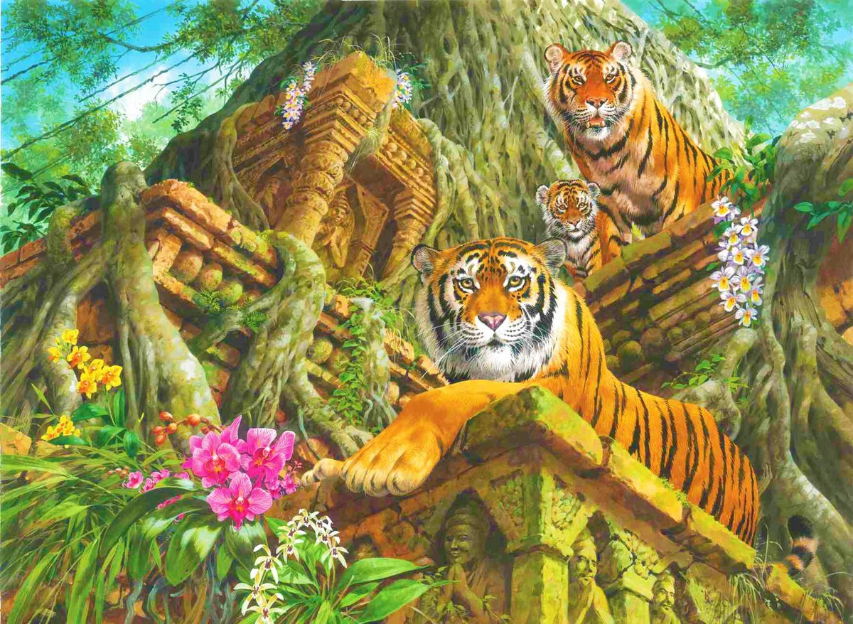 Семейство тигров - животные, природа, тигренок, рисунок, тигры, тигр - оригинал