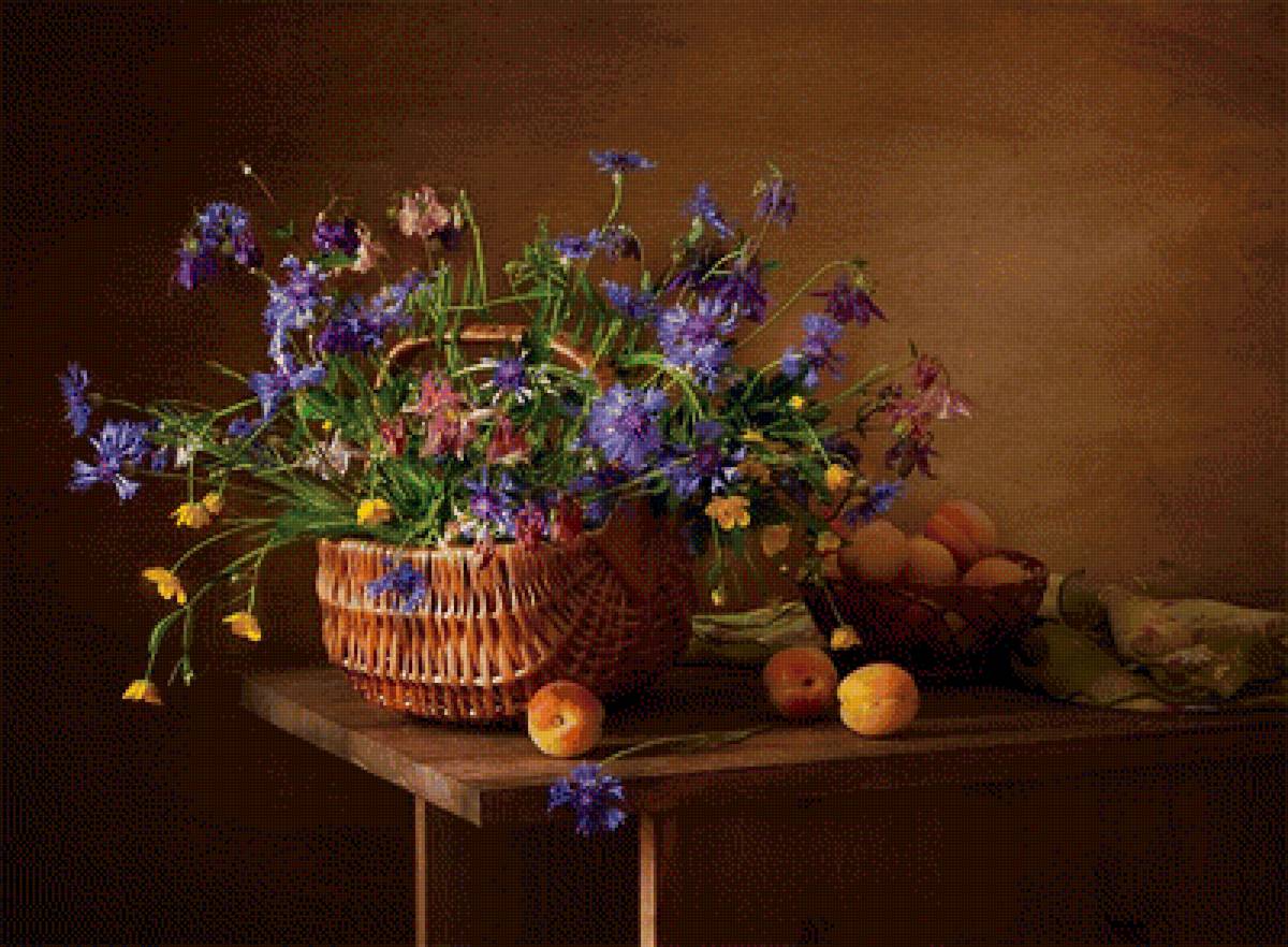 Натюрморт - абрикосы, фрукты, цветы, натюрморт, букет - предпросмотр