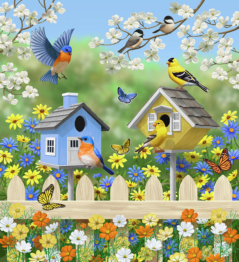 Яркие птички - птицы, рисунок, цветы, природа, весна, птички - оригинал