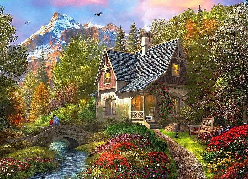 Домик в горах - природа, цветы, домик, горы, мост, ручей, дом, лес, пейзаж - оригинал