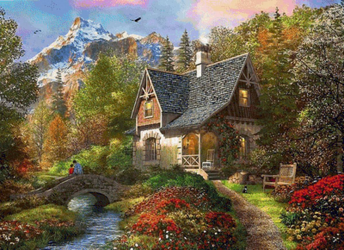 Домик в горах - домик, дом, ручей, горы, цветы, природа, пейзаж, лес, мост - предпросмотр