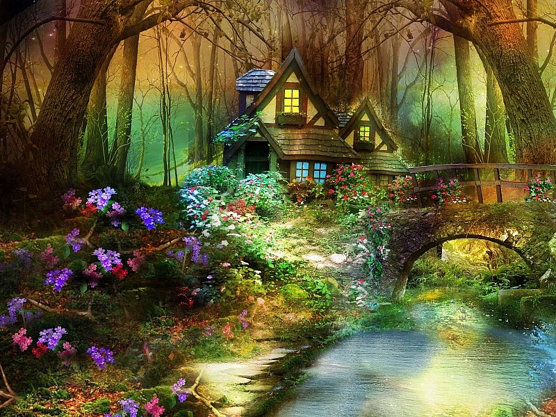 Сказочный домик - природа, лес, пейзаж, дом, ручей, цветы, мост, домик - оригинал
