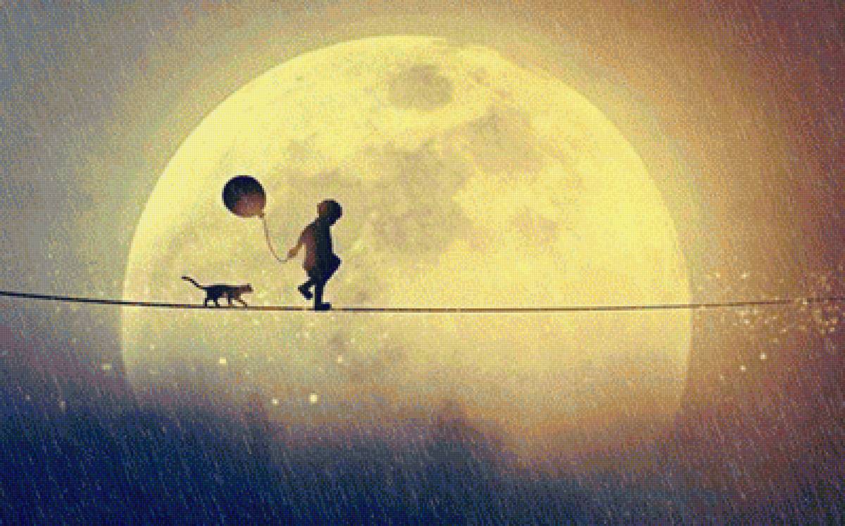 ребёнок и кошка - кошка, на канате, луна, ребенок, лунная ночь - предпросмотр