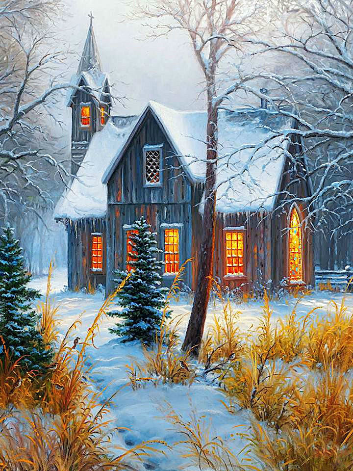 Зимний пейзаж - снег, зима, дом - оригинал