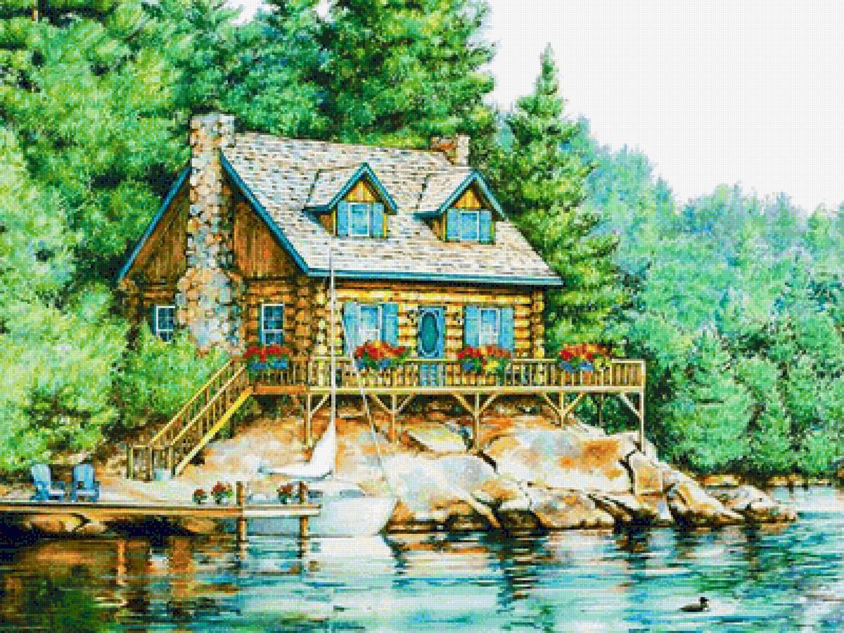 Дом на реке - лето, дом, пейзаж, лес - предпросмотр