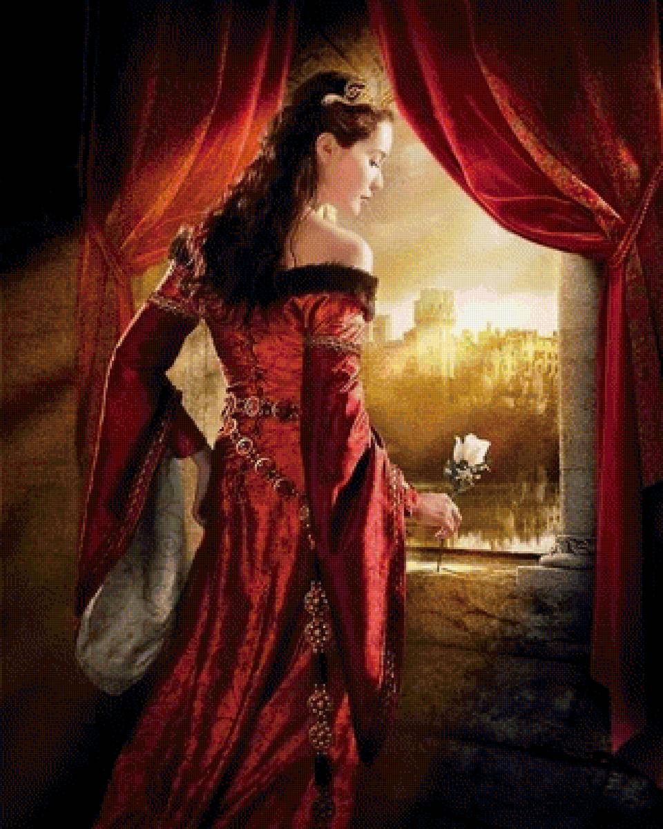 Леди в красном - цветок, роза, замок, девушка, леди - предпросмотр