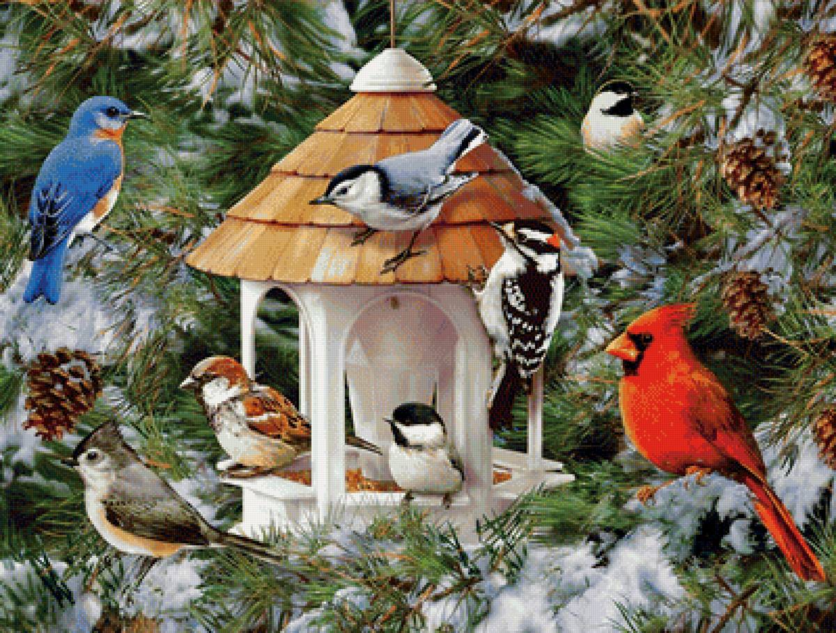 Птички - зима, рисунок, птицы, снег, шишки, птички - предпросмотр
