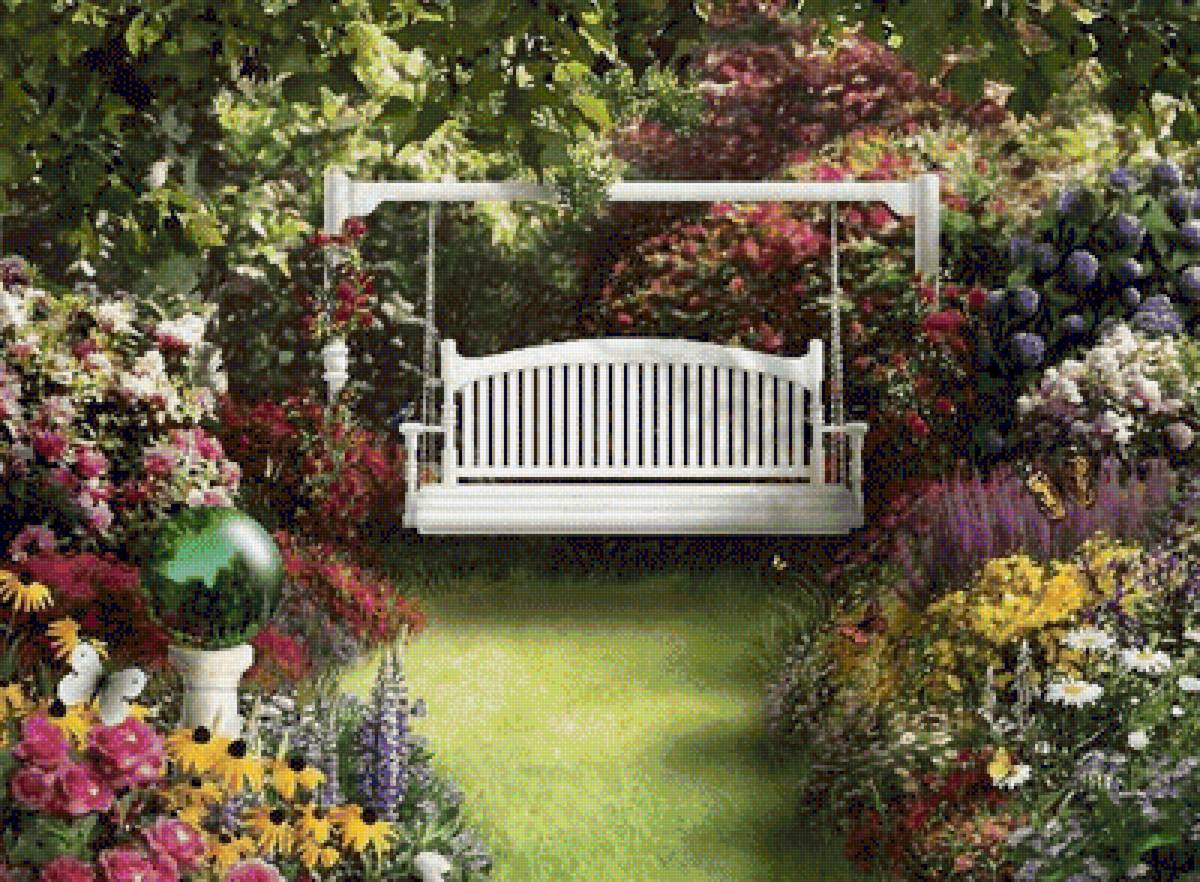 В саду - лето, природа, сад, пейзаж, качели, цветы - предпросмотр