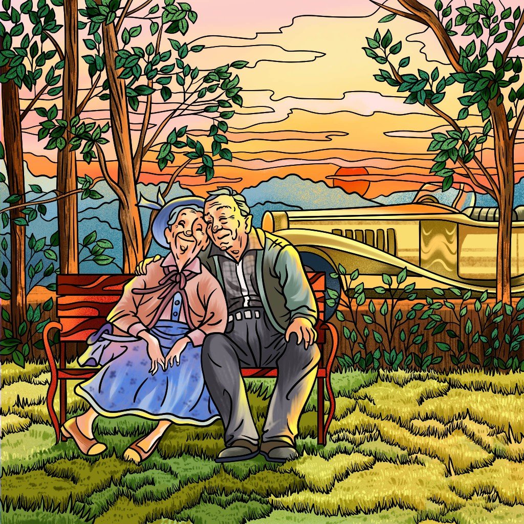 Счастливая пара - #машина, #пейзаж, #пожилыелюди, #счастье - оригинал