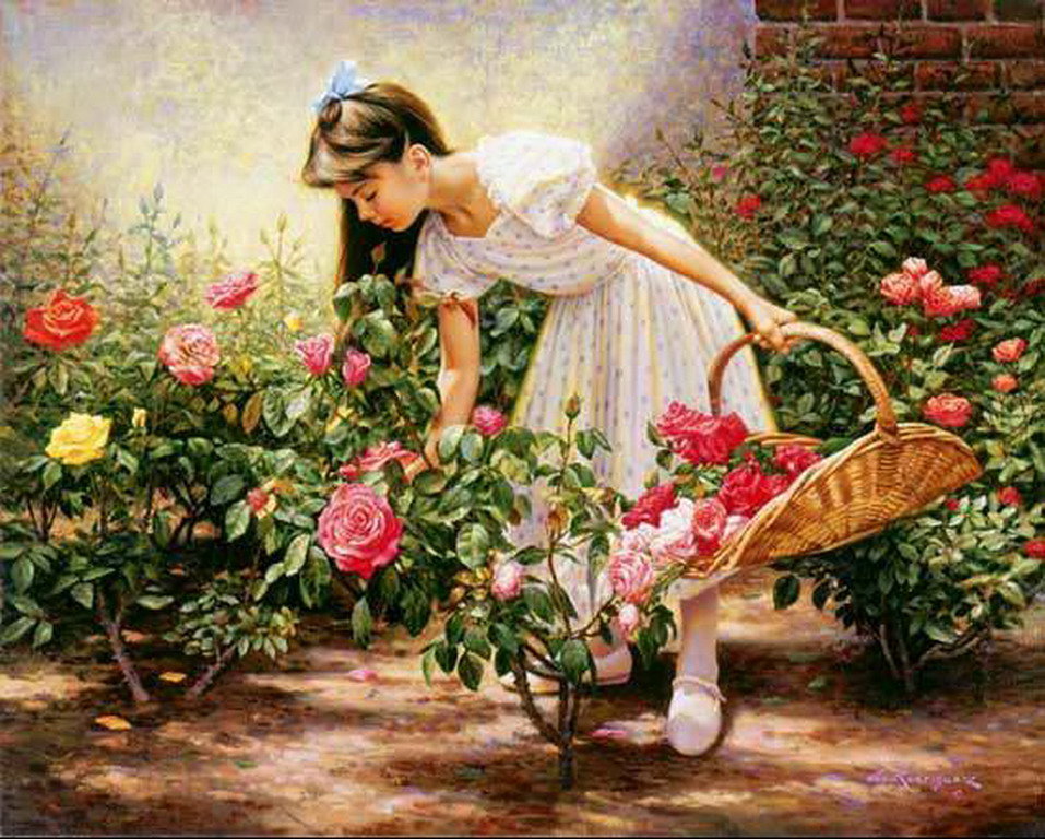 Little girl catching flowers. - alfredo rodríguez paintings.girl.flowers and gardens. - оригинал