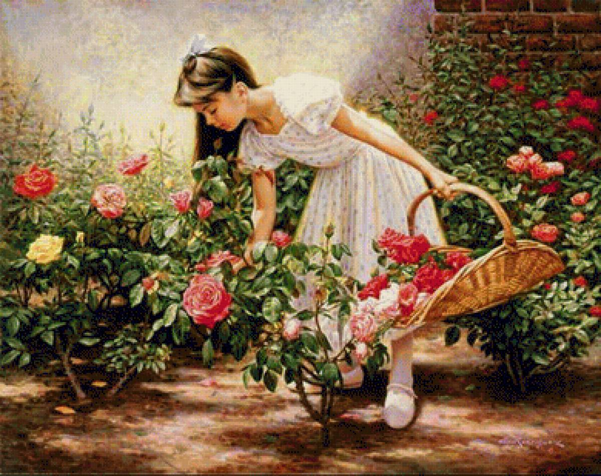 Little girl catching flowers. - alfredo rodríguez paintings.girl.flowers and gardens. - предпросмотр