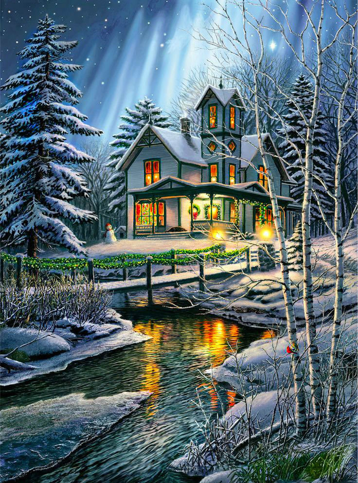 Зимний пейзаж - зима, дом, снег, река, новогодняя - оригинал