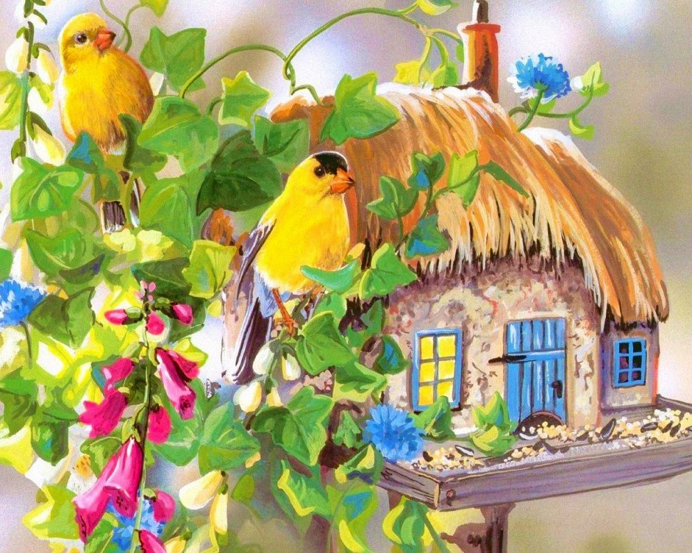 Птички - рисунок, птички, птицы, цветы, природа - оригинал