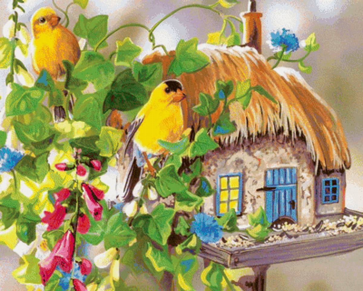 Птички - цветы, природа, рисунок, птички, птицы - предпросмотр