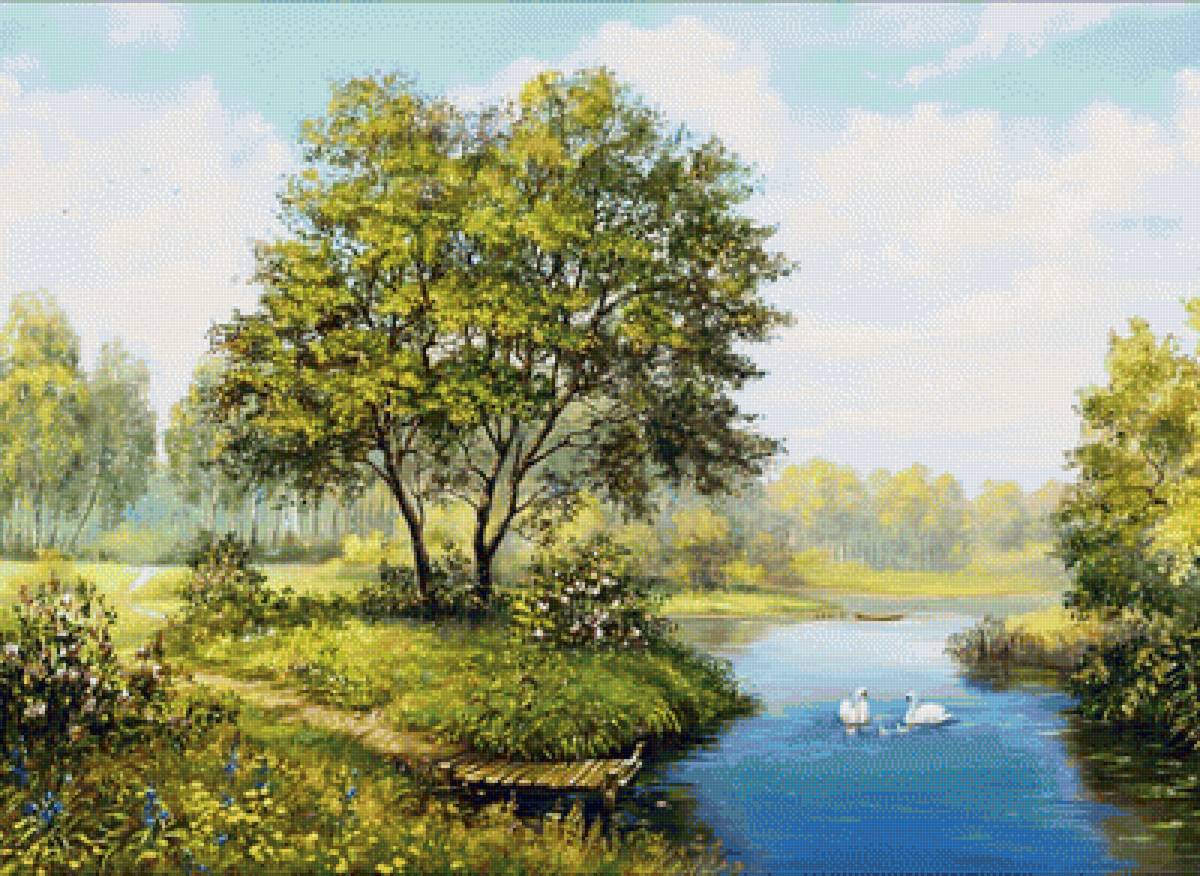 Пейзаж - лебеди, пейзаж, река, лето, природа - предпросмотр